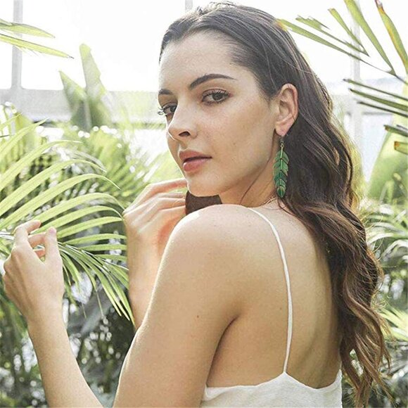 Floating Feathers Earrings Handmade Boho Vintage Green Bronze Lightweight Statem - Picture 5 of 6